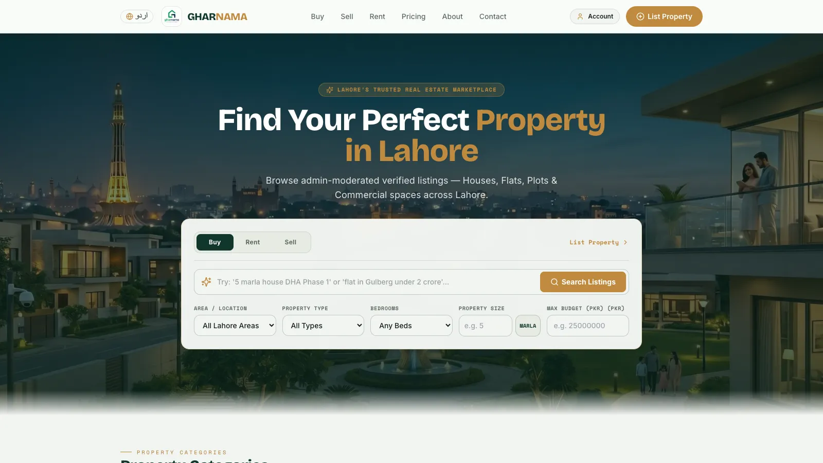 Gharnama real-estate marketplace showing the production property discovery interface